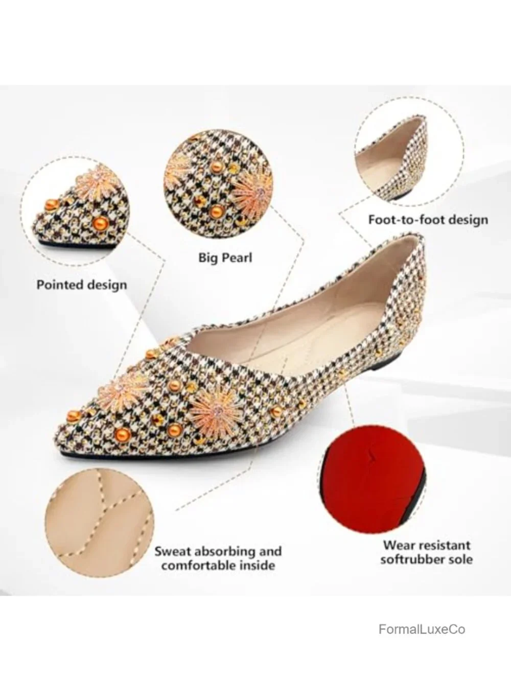Sparkly Pointed Toe Ballet Flats Memory Foam Low Heel Dress Shoes